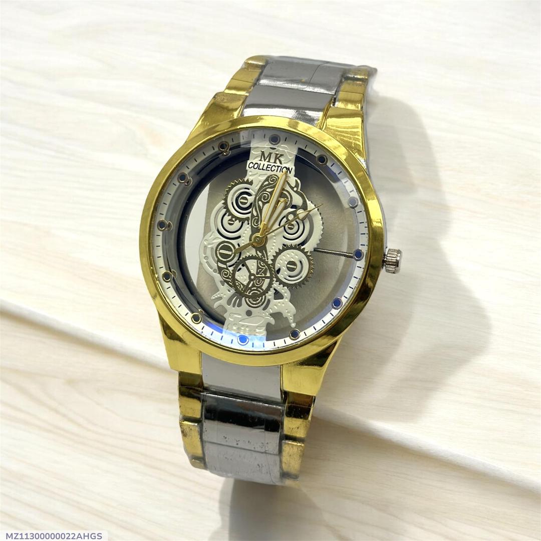 Men's Stainless Steel Watch Gold Silver Chain Strap Transparent Face