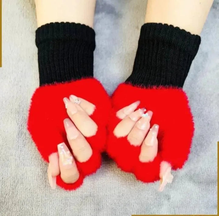 Red Black Fingerless Wool Gloves for Winter