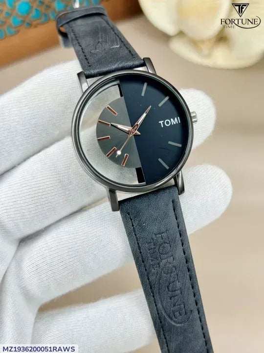 Men's Black Leather Round Dial Watch 20mm