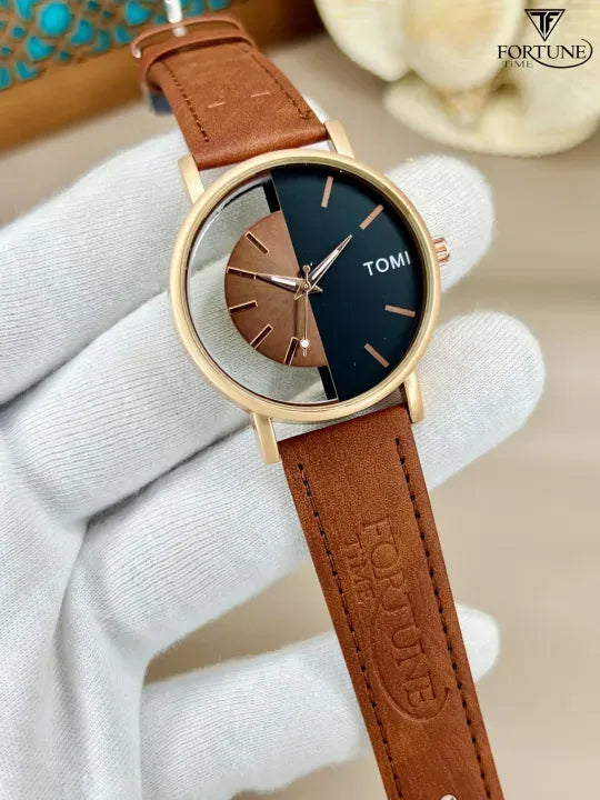 Men's Black Leather Round Dial Watch 20mm