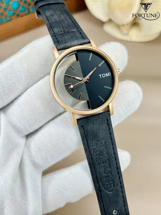 Men's Black Leather Round Dial Watch 20mm