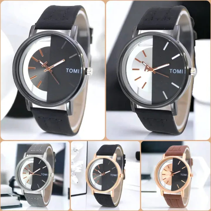 Men's Black Leather Round Dial Watch 20mm
