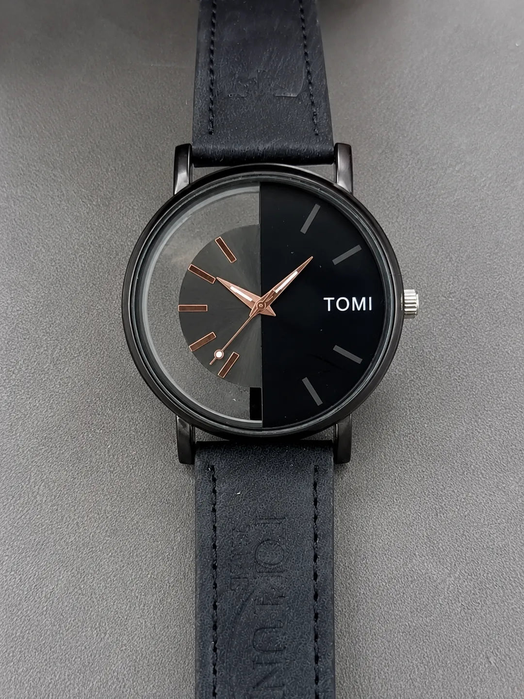Men's Black Leather Round Dial Watch 20mm
