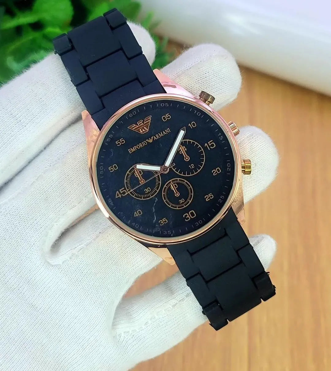 Men's Rose Gold Chronograph Watch Black Carbon Strap