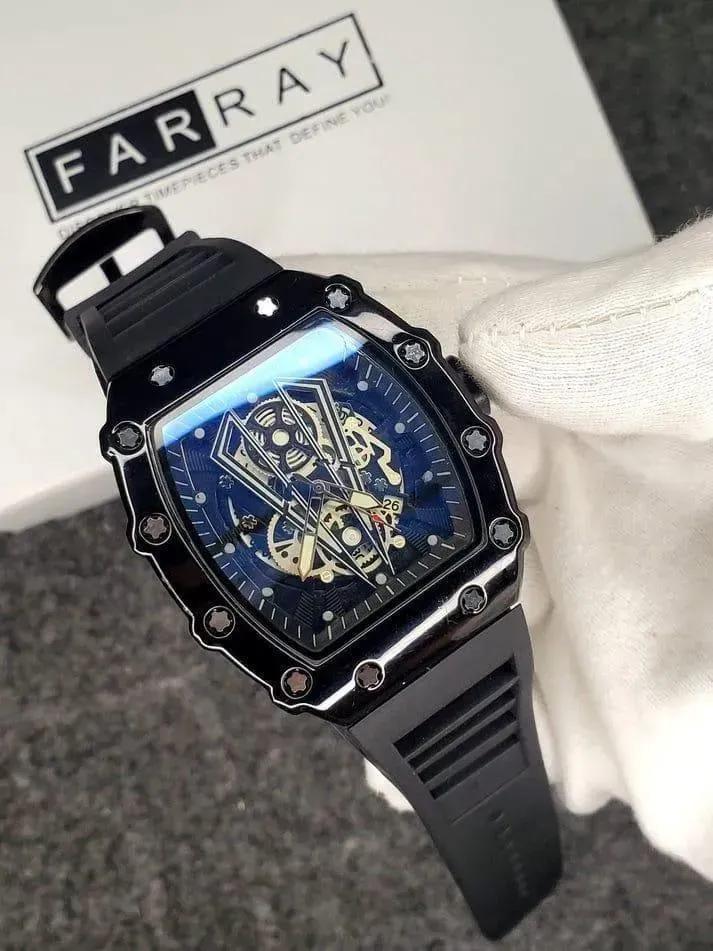 Men's Black Square Skeleton Watch with Skeleton Dial