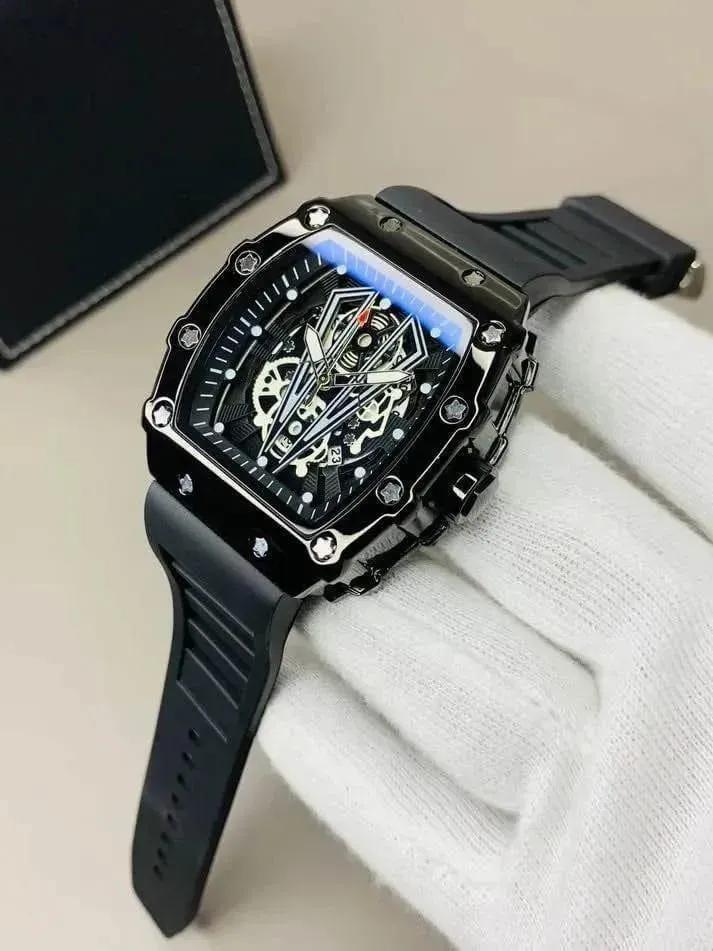 Men's Black Square Skeleton Watch with Skeleton Dial