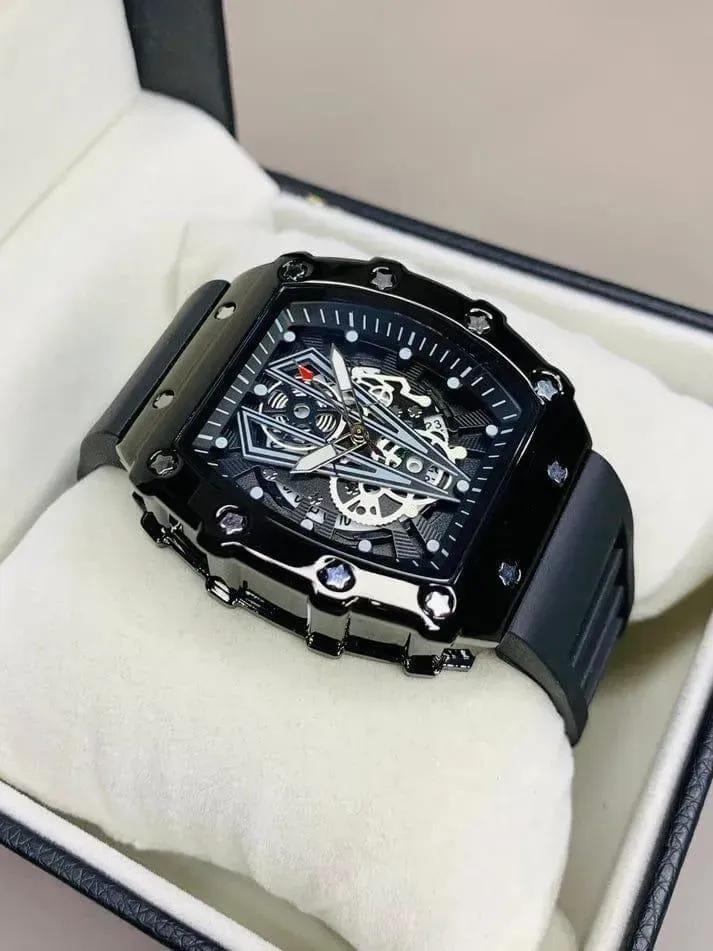 Men's Black Square Skeleton Watch with Skeleton Dial