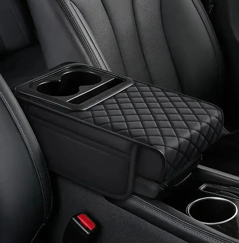 Car Armrest Cushion with Cup Holder PU Leather Black