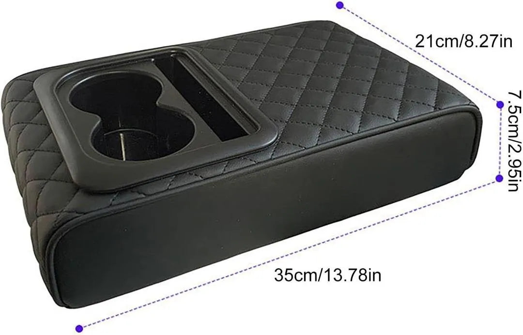 Car Armrest Cushion with Cup Holder PU Leather Black