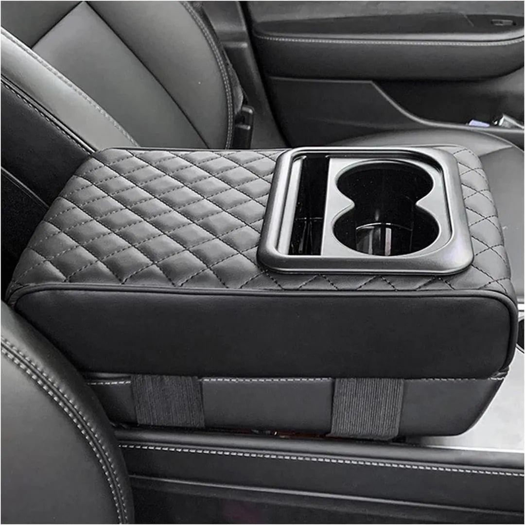 Car Armrest Cushion with Cup Holder PU Leather Black