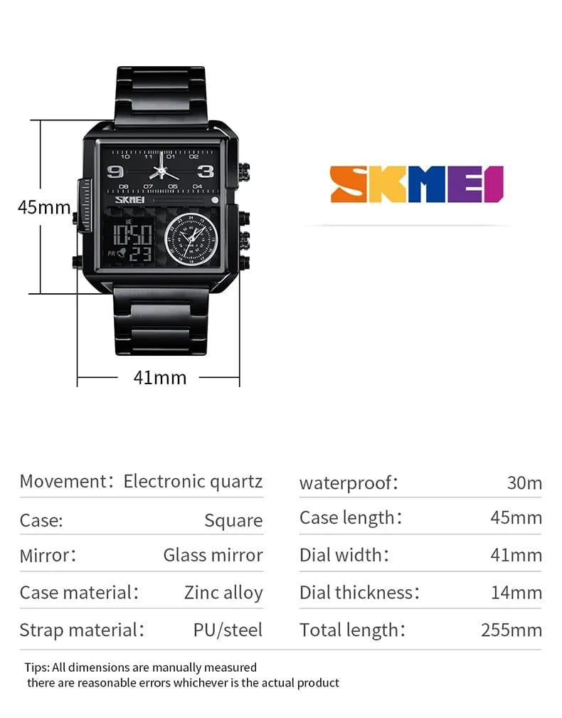 30m Waterproof Square Watch with Digital Display