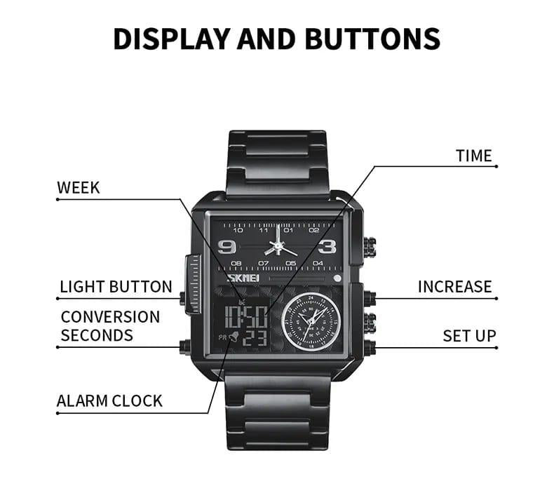30m Waterproof Square Watch with Digital Display