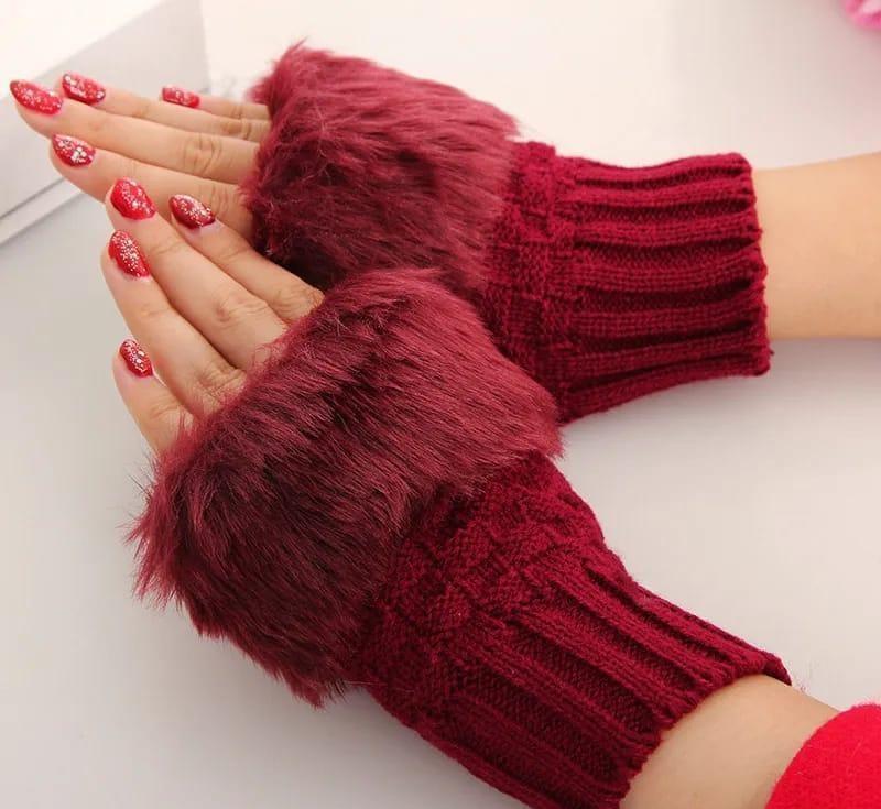 Women Fingerless Wool Gloves Maroon Winter Warm