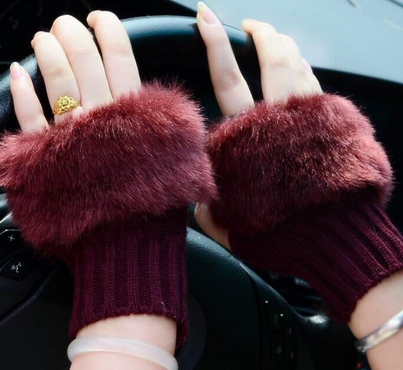 Women Fingerless Wool Gloves Maroon Winter Warm