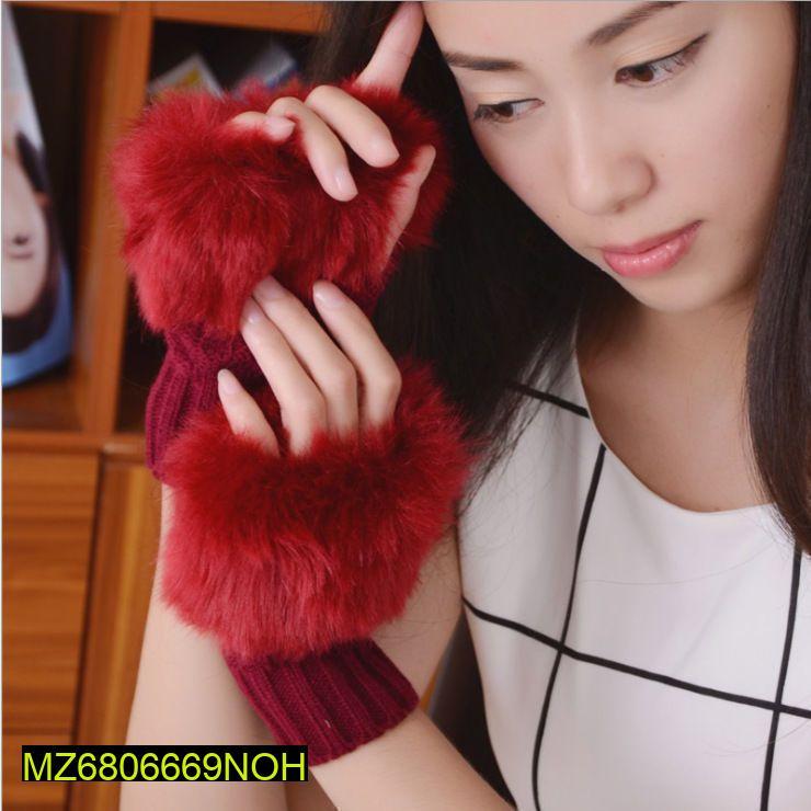 Women's Red Faux Fur Winter Gloves Warm Office Party Wear