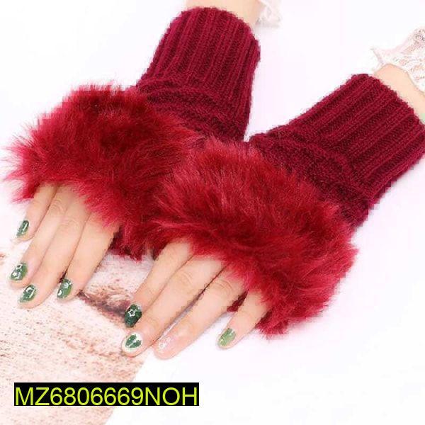Women's Red Faux Fur Winter Gloves Warm Office Party Wear