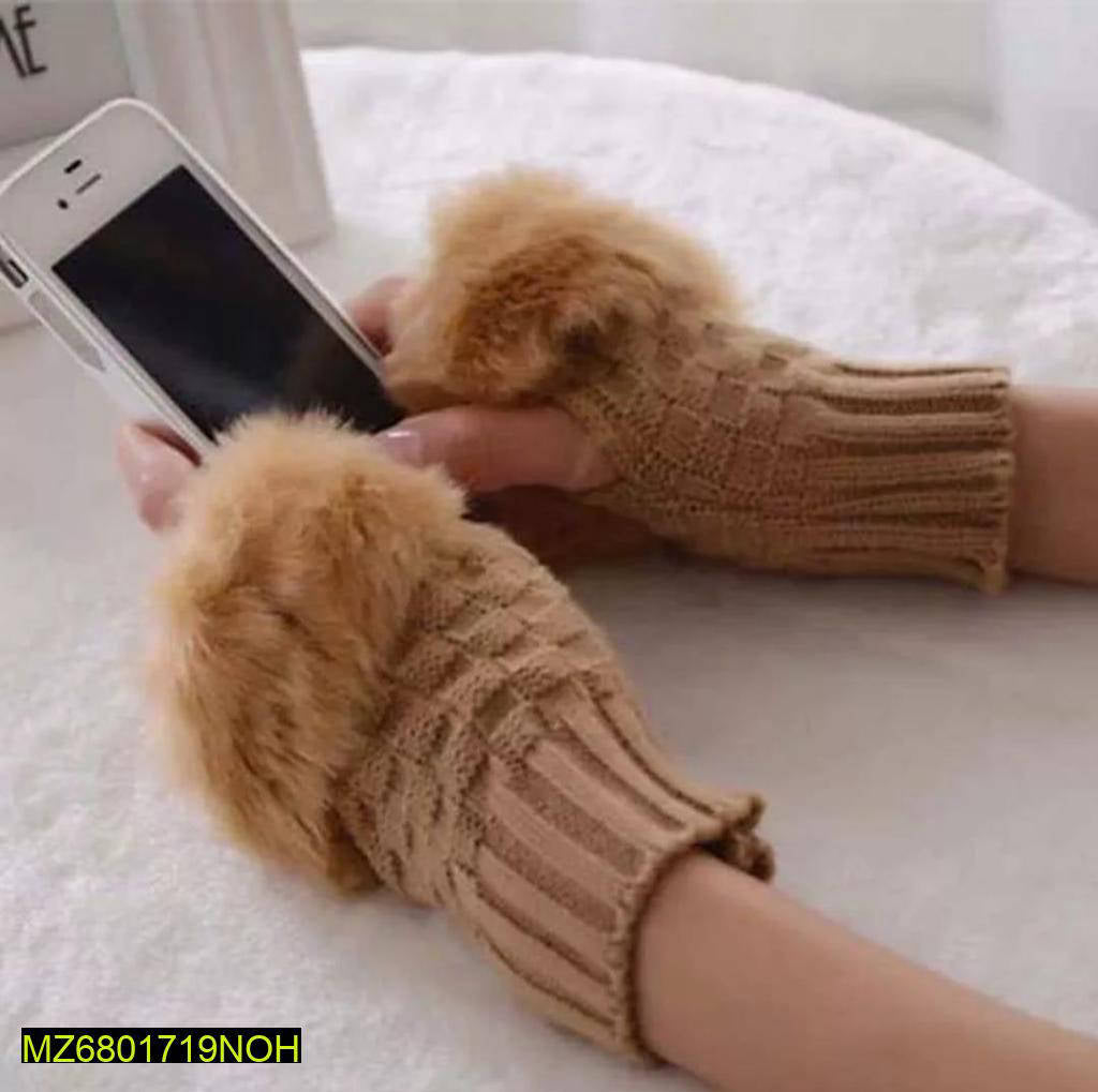 Women Fingerless Faux Fur Gloves Winter Warm Pakistan