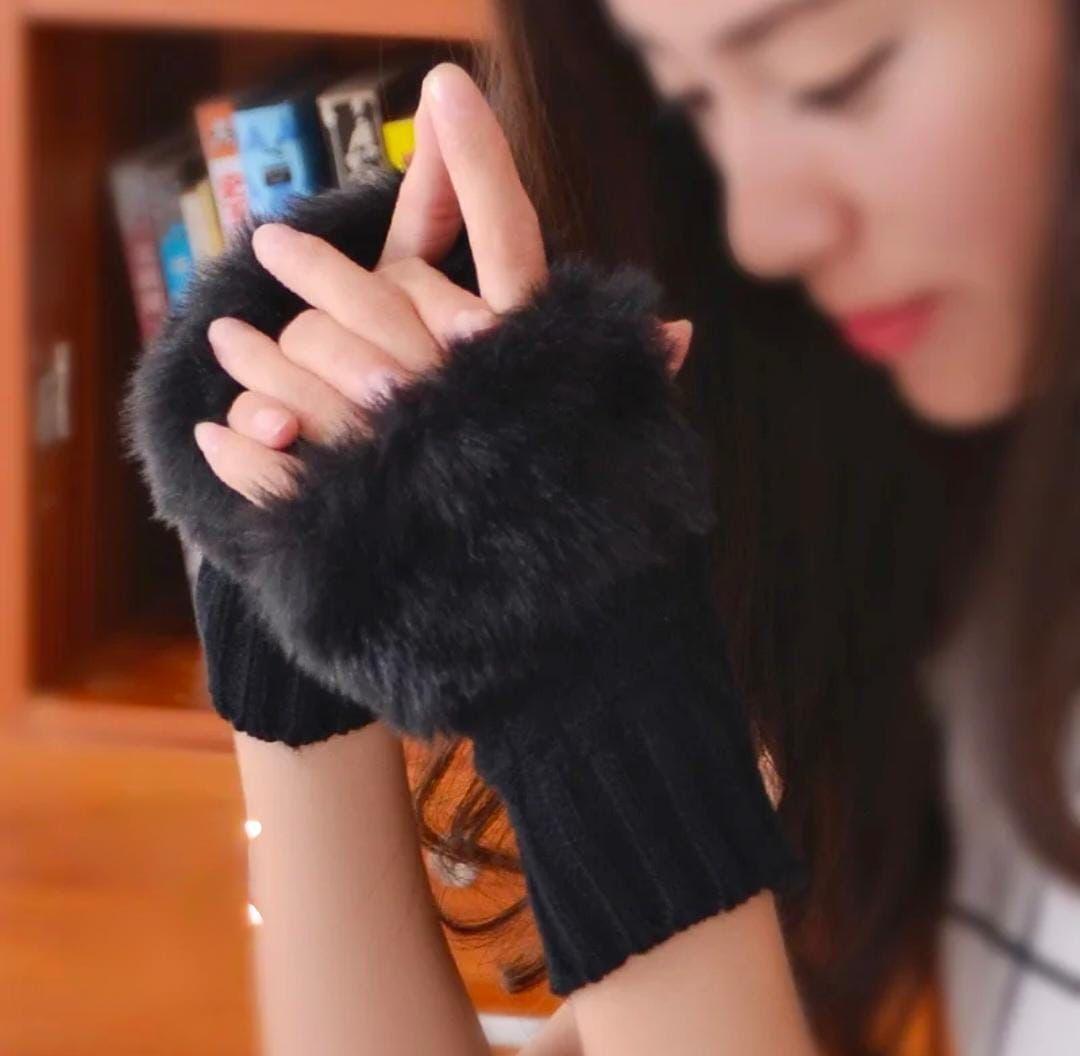 Women Fingerless Warm Gloves Black Plush Lining