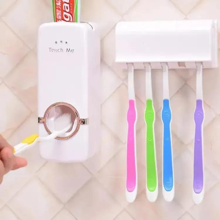 Touch-Free Toothpaste Dispenser with Wall Brush Holder Silver ABS