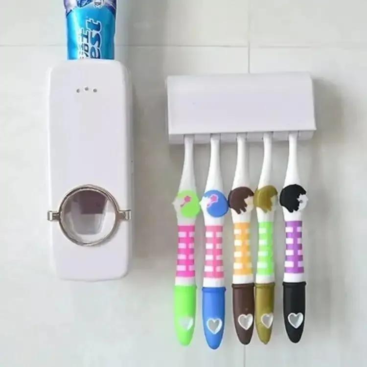 Touch-Free Toothpaste Dispenser with Wall Brush Holder Silver ABS