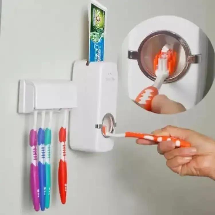 Touch-Free Toothpaste Dispenser with Wall Brush Holder Silver ABS