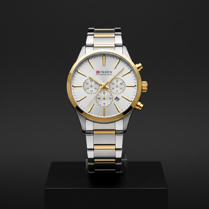 Luxury Men's Stainless Steel Chronograph Watch – Elegant Gold & Silver Analog Wristwatch