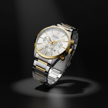 Luxury Men's Stainless Steel Chronograph Watch – Elegant Gold & Silver Analog Wristwatch