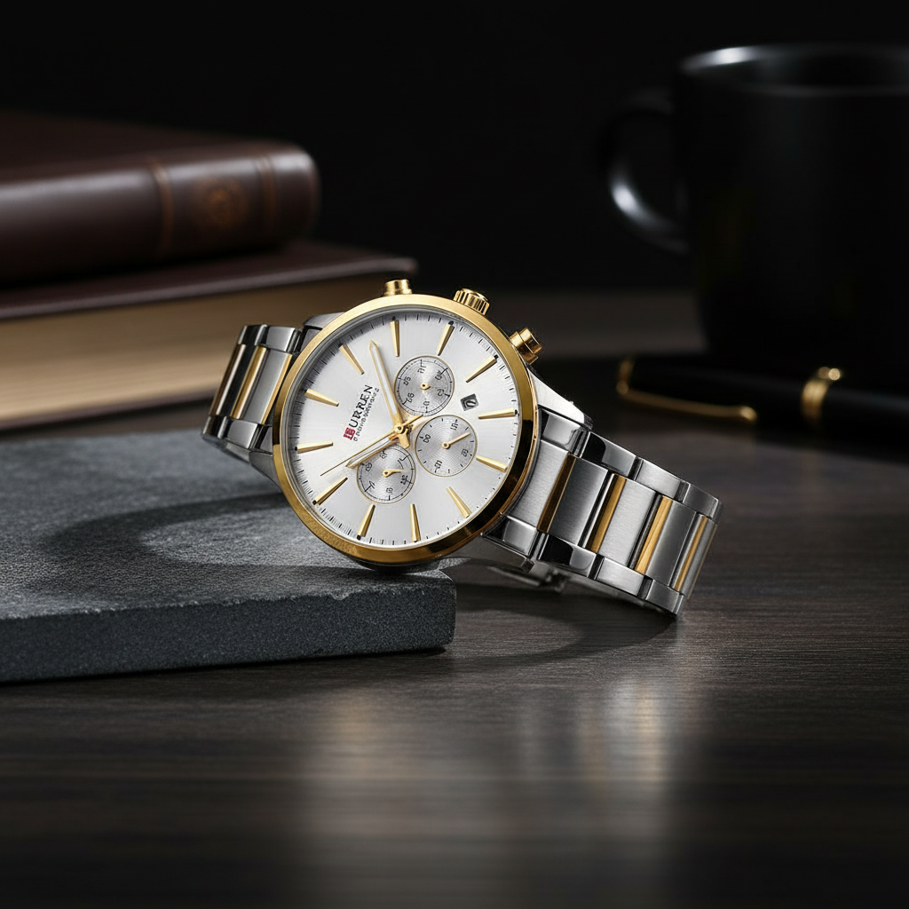 Luxury Men's Stainless Steel Chronograph Watch – Elegant Gold & Silver Analog Wristwatch